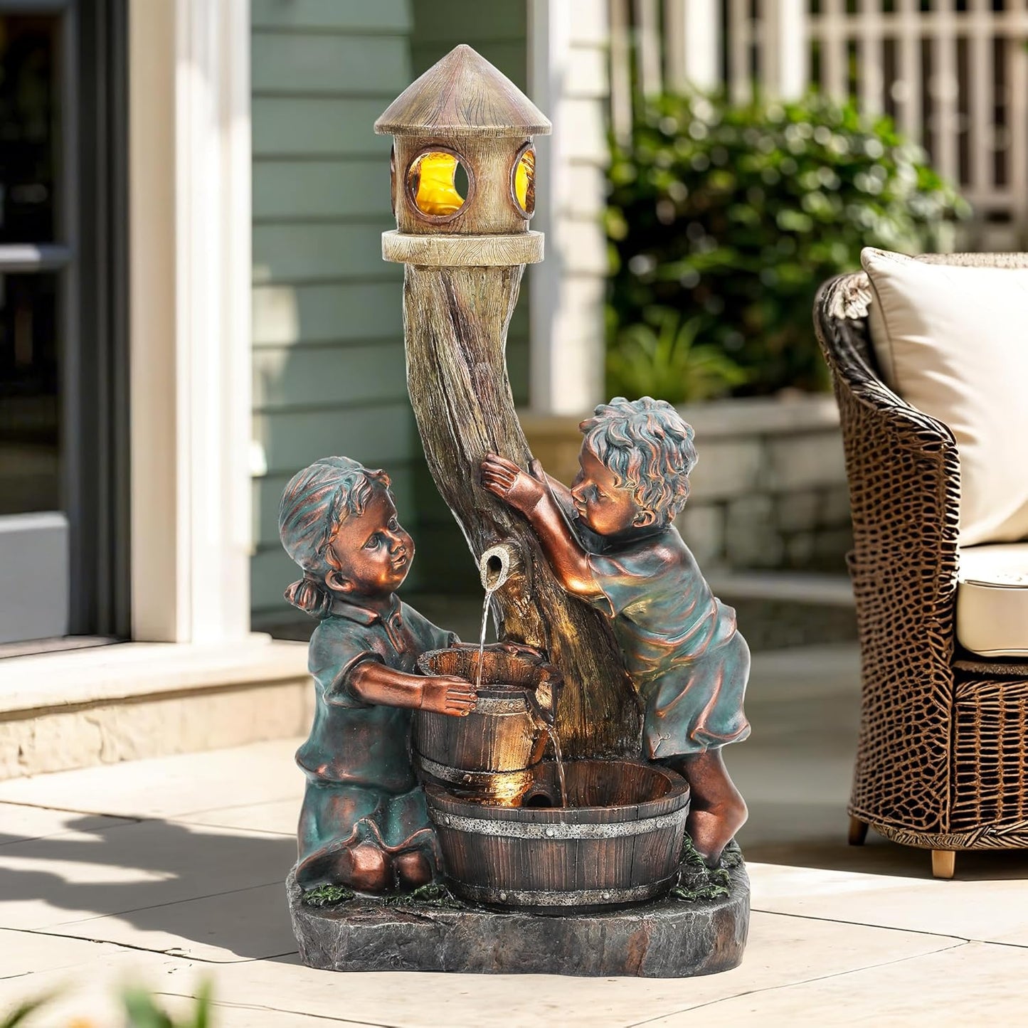 31" Resin Outdoor Water Fountain with LED Lights, Boy-Girl, Pagoda and Wood Barrel Garden Fountain, 3-Tier Cascading Waterfall for Tranquil Backyard, Patio or Porch, Faux Bronze Finish