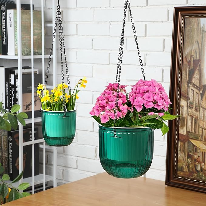 Maxcheck 4 Pcs Self Watering Hanging Planters Indoor 6.5'' 4.5'' Hanging Flower Pots Baskets Outdoor Self Watering Hanging Plant with 3hooks Drainage Holes for Home(Emerald)