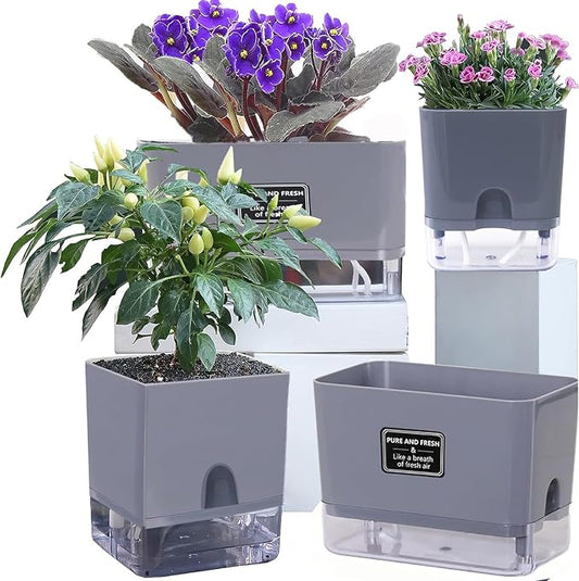 Self Watering Pots for Outdoor Plants 4 Pack, Suitable for Indoor and Outdoor Garden Plants and Flowers, Rectangle Planter Box, African Violet Pots, Modern Flower Pots, Small Plant Pots (7" Gray)