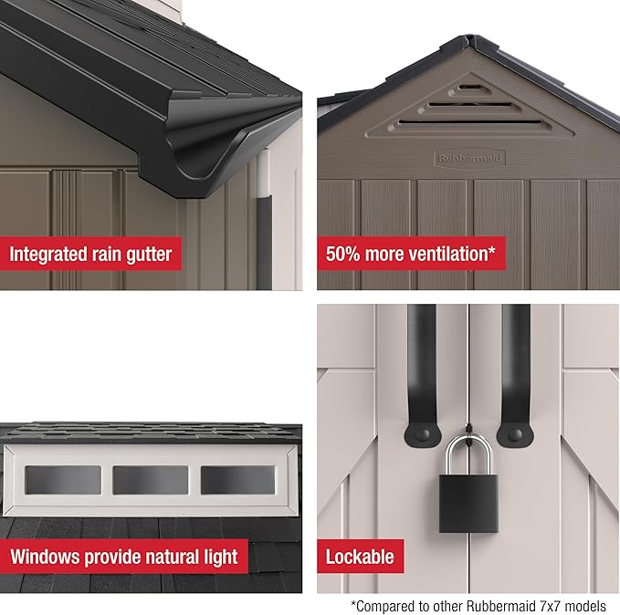 Rubbermaid Extra Large Resin Outdoor Storage Shed With Floor (7 x 10.5 Ft.) Weather Resistant Brown Organization for Home/Lawn Mower/Backyard Equipment/Bike Storage/Pool Supplies