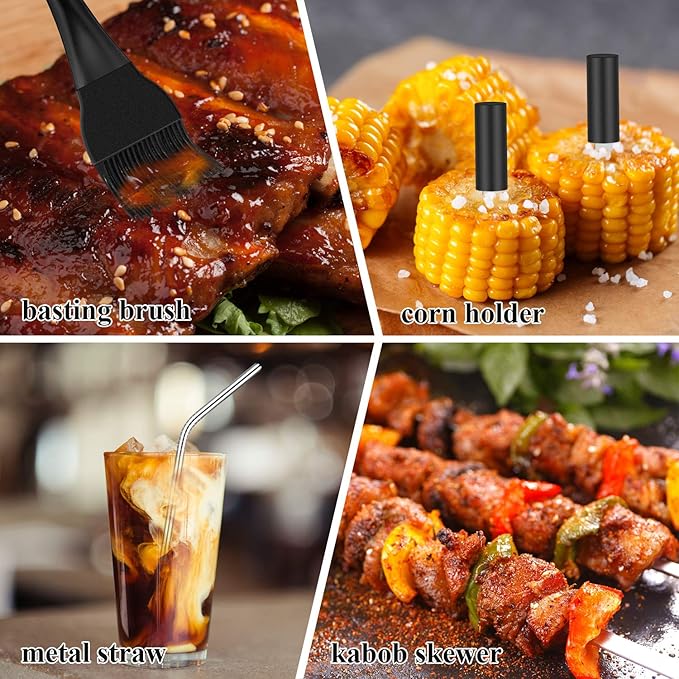 ROMANTICIST 25pcs Extra Thick BBQ Grill Accessories, Fathers Day Grilling Gifts Set for Men Dad, Heavy Duty Grill Tools Utensils Kit with Spatula, Tongs in Aluminum Case for Birthday Black