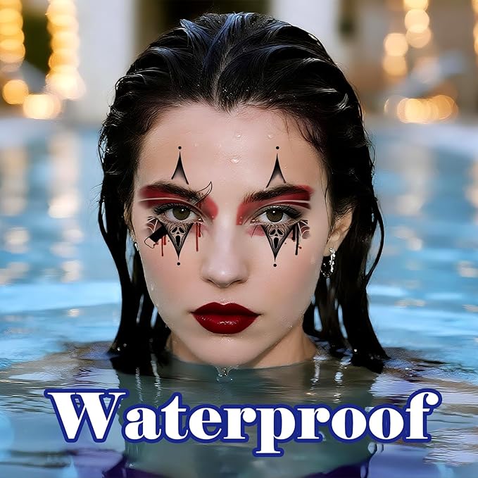 Halloween Bloody Eyeliner Temporary Tattoos for Adults, 16 Pairs Blood Red Eyes Fake Tattoos, Gothic Spooky Designs with Spiders Web, Bats, Skulls, Bloody palm