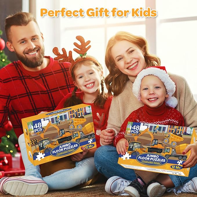 Jumbo Floor Puzzle for Kids Ages 4-6, 48 Piece Large Engineering Vehicles Jigsaw Puzzle, Extra-Thick Cardboard Preschool Learning Toys for Toddlers 3-5, Educational Gift for Boys Girls 3 4 5 6 7 8