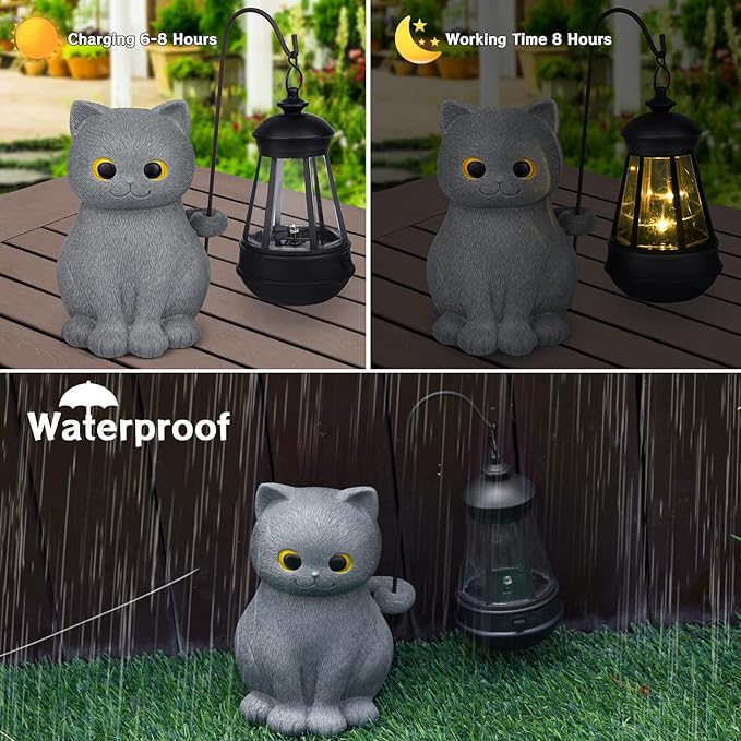Solar Garden Statue Cat Figurine, Grey Cat Outdoor Statue Garden Decor with LED Light for Yard Patio Lawn Balcony Ornament, Home Decor Housewarming Gifts for Mom Grandma Dad