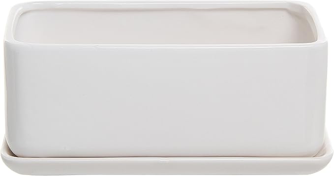 MyGift 14 Inch Modern Unglazed White Ceramic Indoor Plant Pot with Drainage Hole, Rectangular Succulent Planter Window Box with Removable Saucer, White (10 inch - 1 Pack)