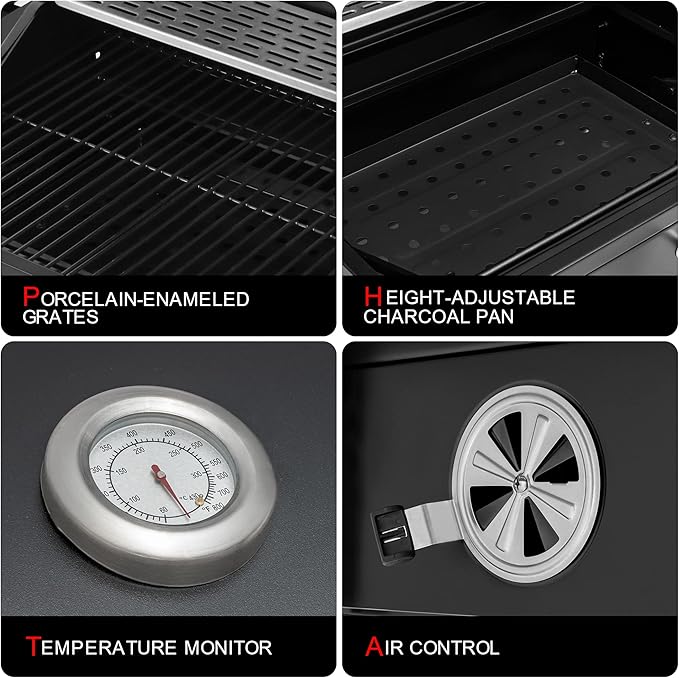 Royal Gourmet CD1824M 24-Inch Charcoal Grill, BBQ Smoker with Handle and Folding Table, Perfect for Outdoor Patio, Garden and Backyard Grilling, Black, Medium