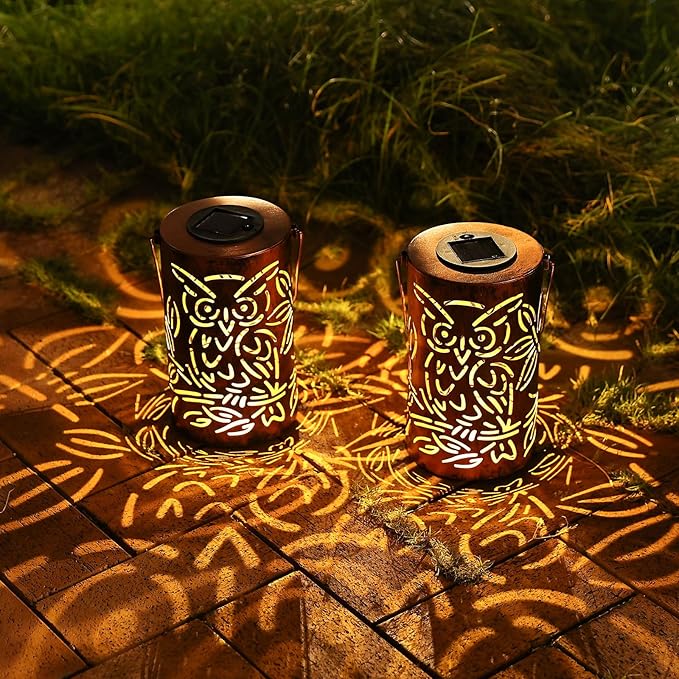 Outdoor Solar Lanterns ,Owls Projection Patterned Outdoor Lanterns with Handles LED Solar Light Outdoor Waterproof Garden Lights for Garden,Yard, Table, Pathway(2 /Bronze)