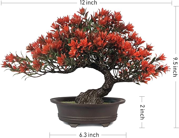 Fake Plants Plastic Artificial Bonsai Tree, Red Bonsai Tree for Home Bedroom Office Desk Farmhouse Room Decor, Tall 9.5"
