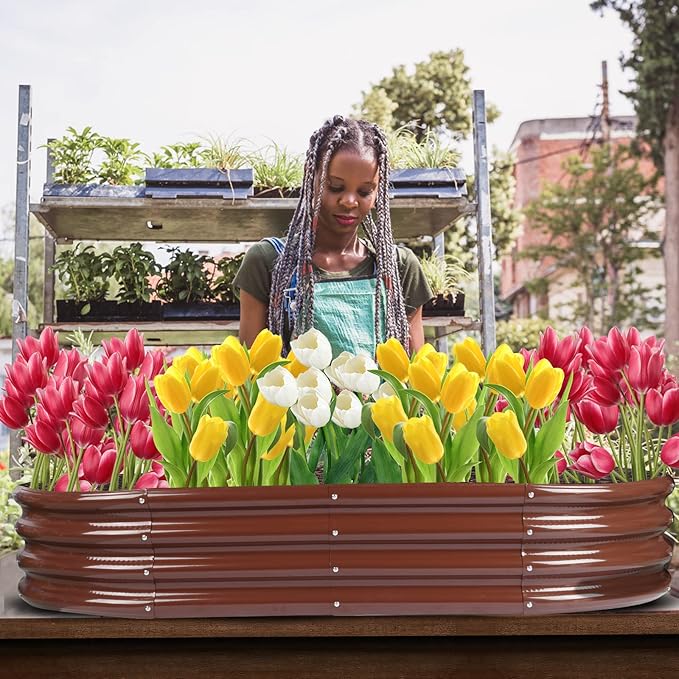 Raised Garden Bed Galvanized Planter Box Outdoor, Rot-Resistant Metal Garden Bed Planter for Vegetables Flower Herb (2- Brown)