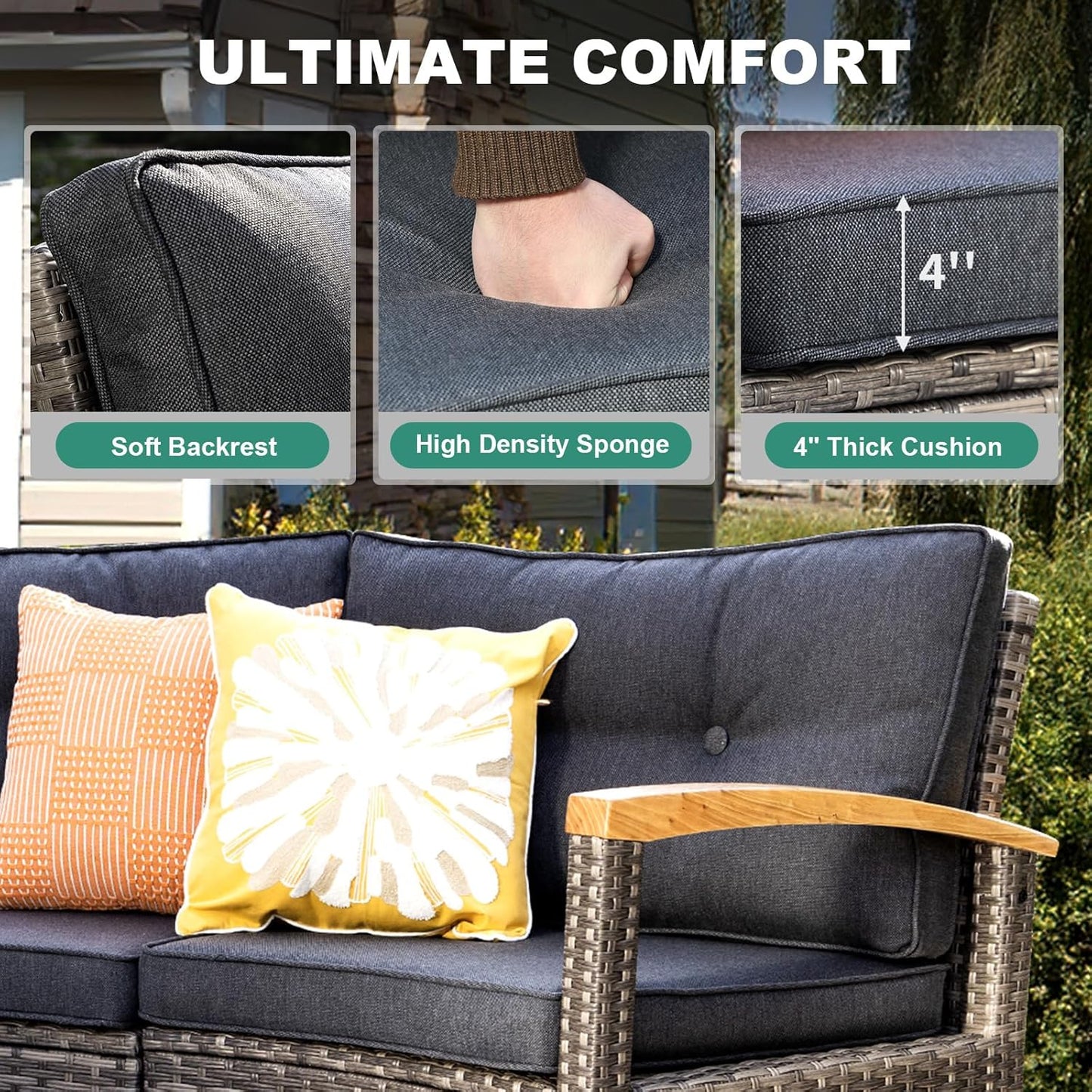 11 Piece Outdoor Patio Furniture Set, Half-Moon Curved Sectional Sofa Rattan Conversation Set with Wood Armrests, Coffee Table & 2 Side Table(Grey)