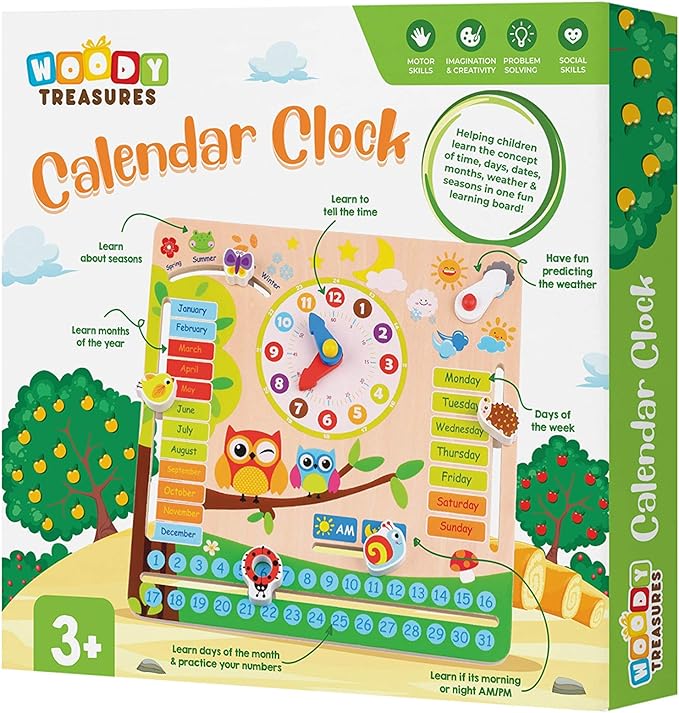 Montessori Wooden Toys Kids Clock - Wooden Toy for 3 Year Olds - Unique Learning Toy for Toddlers Learn About Seasons, Months, Days of Week, Time Telling - Educational and Fun