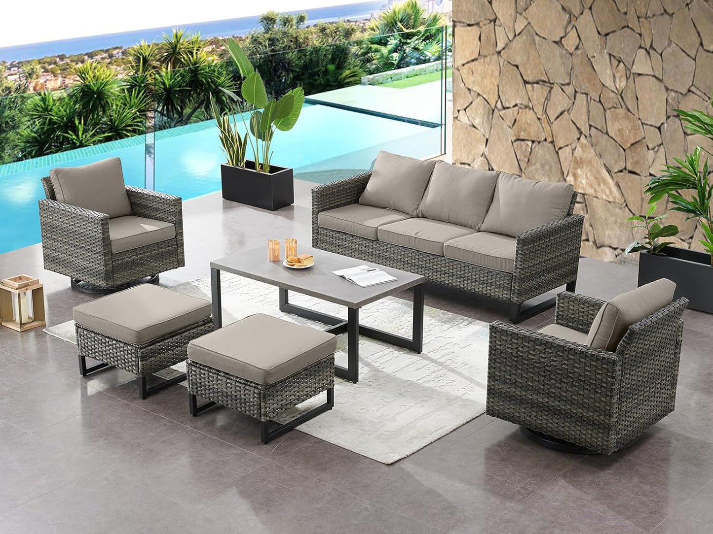 HUMMUH 6 Piece Patio Furniture Set Outdoor Sectional Sofa,High Back Patio Swivel Rocker Chairs with Ottomans Coffee Table for Porch,Garden,Backyard