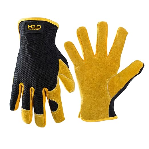 HLDD HANDLANDY Garden Gloves Men, Leather Work Gloves for Men & Women, Cowhide Gardening Gloves Utility Work Gloves for Mechanics, Construction, Driver (L, Yellow)