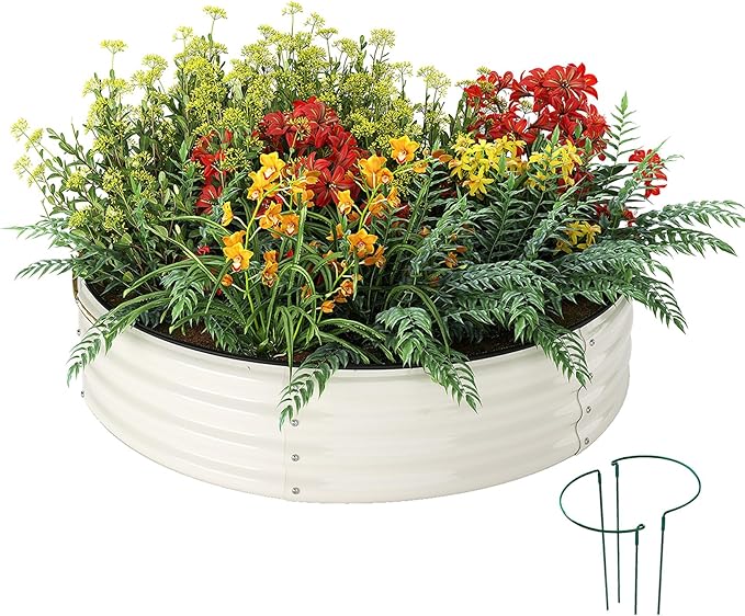 Galvanized Metal Planter Round Raised Garden Bed Kit for Gardening Outdoor,2x2x1ft Grow Garden Box Raised Flower Bed,Round Galvanized Planter Outdoor Metal Fire Pit Ring White