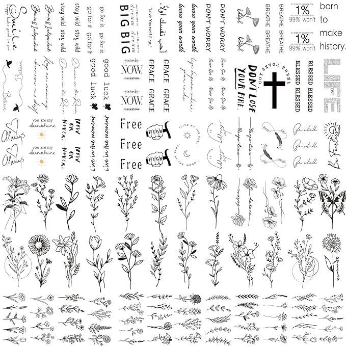 160+ PCS 74 Sheets Realistic Three Types Fake Temporary Tattoos, Include 40 Sheets Inspirational Quotes Words Tattoos, 22 Sheets Wild Flower Tattoos, 12 Sheets Small Flower Tattoo Stickers For Women