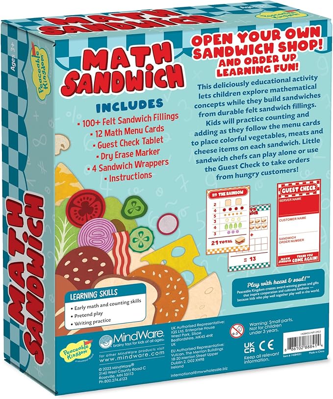 Peaceable Kingdom Math Sandwich Game: Preschool Math Games for Kids Ages 3 and Up – Includes 100+ Felt Food Pieces, 10 Menu Cards, Dry Erase Marker & Guest Check Tablet for Pretend Restaurant Play
