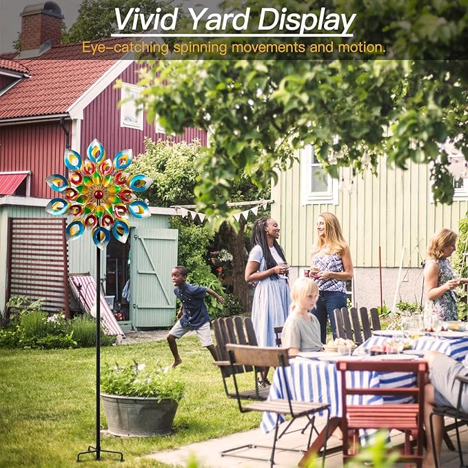 Yard Garden Wind Spinners with Stake - Large Outdoor Metal Wind Spinners, Lawn Yard Art Garden Decor (24" W x 84" H)