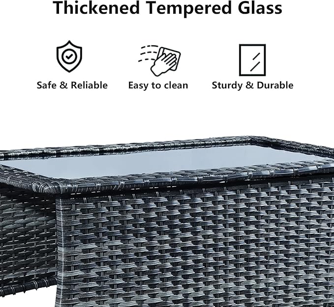 Patio Tables Wicker Coffee Table - Outdoor Rattan Coffee Tables with Glass Top for Patio Proch Deck Balcony Rectangle Mixed Grey