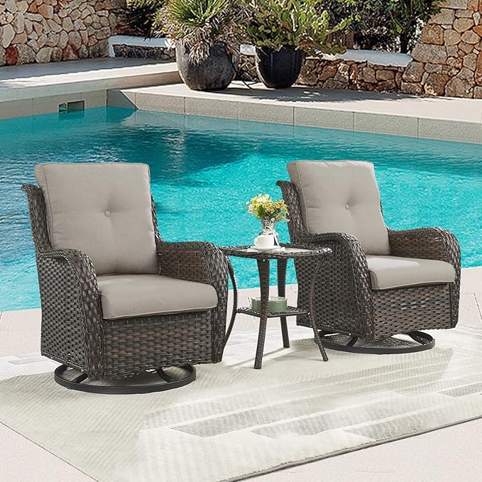 Outdoor Patio Swivel Rocker Chairs - 3 Piece Patio Bistro Set,Wicker Patio Furniture Set with 2 Swivel Rocking Chairs and 1 Glass Top Side Table for Deck Porch Garden,rown/Grey