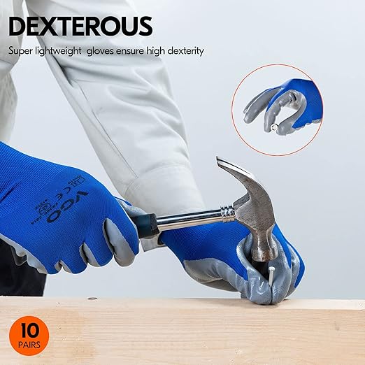 Vgo 10-Pairs Safety Work Gloves, Gardening Gloves, Non-slip Nitrile coating, Dipping Gloves (Size S, Blue, NT2110)
