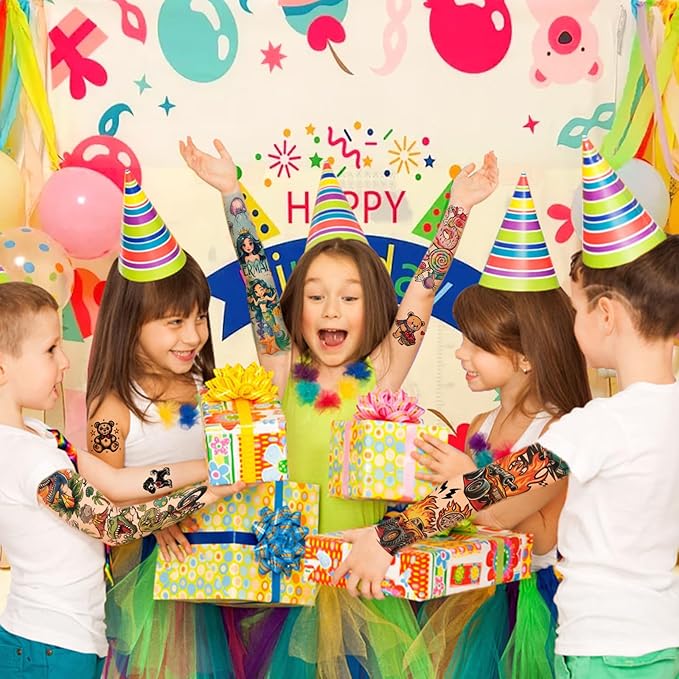 52 Pcs Temporary Tattoo for Kids Full Arm Mermaid Butterfly Cat Truck Dinosaur Rocket Planet Cute Animal Body Face Fake Arm Tattoos for Girls Boys Tiny Tattoo Stickers Birthday Gifts Party Supplies