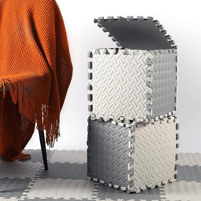 Shihanee Foam Floor Baby Tiles Foam Floor Mats Play Mats Bulk with Borders Interlocking for Kids Baby Playroom Nursery Gym (Gray, White,64ft)