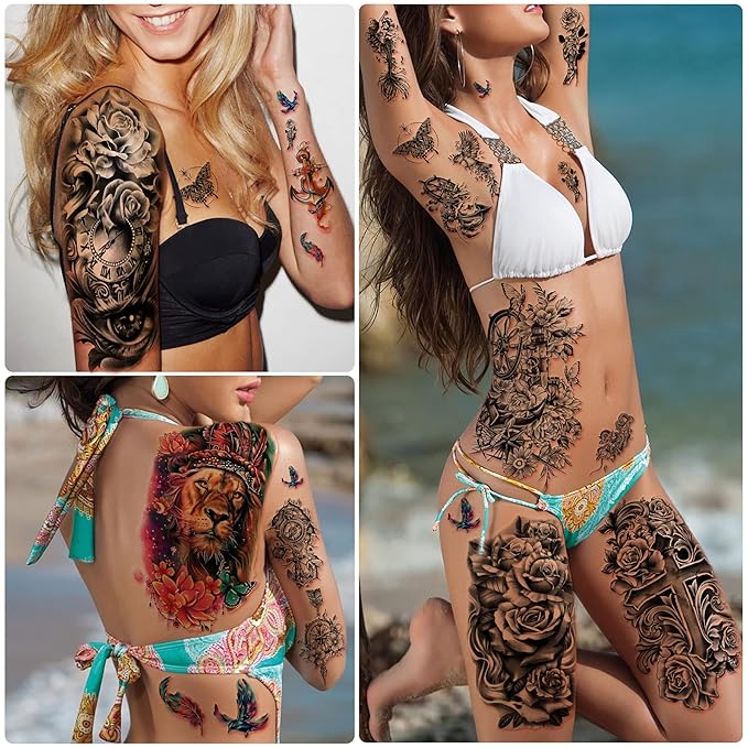 Yazhiji 49 sheets Large Flowers Skull Waterproof Temporary Tattoos for Women and Girls, Realistic Tiger Wolf Bird Temporary Fake Tattoo for Kids or Adults