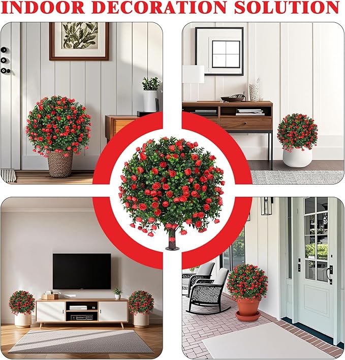Artificial Boxwood Topiary Tree with Rose, Set of 2 Artificial Shrub Bushes with Ground Spike, Fake Evergreen Tree for Porch, Artificial Plants for Outdoor Planters Indoor UV Resistant
