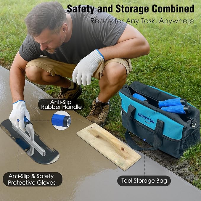 10PCS Concrete Trowel Set, Masonry Hand Tool Set Includes Large Flat Finishing and Pool Trowel, Wood Float, Concrete Edger and Groover, Margin Gauging, Wire Twister, Gloves & Carry Bag