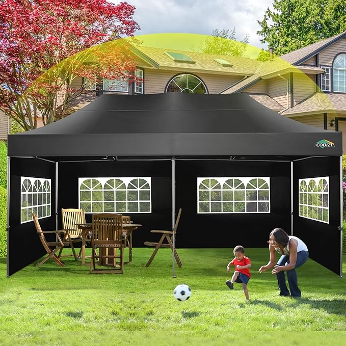 COBIZI 10x20 Canopy with Sidewalls, Heavy duty Party Tent Pop up carpas para fiestas, Tents for Parties, wedding, Outdoor Ez up Foldable Portable Canopy Tent with Wheeled Bag, Black(Windproof Upgrade)
