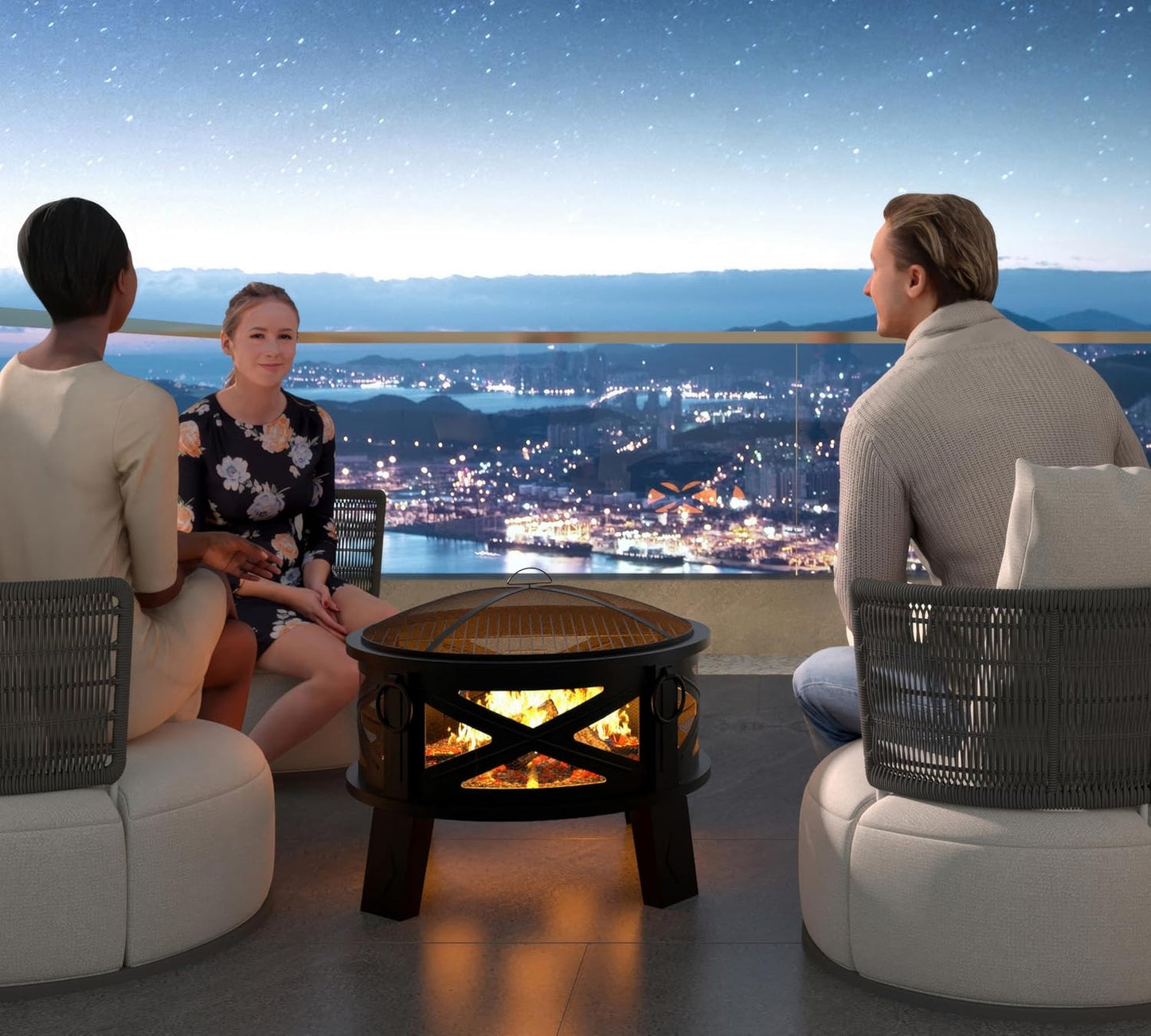 Fire Beauty 26"Steel Fire Pit with Grill Grate&Spark Screen,360° Airflow Boost Technology,Less Smoke,Larger Flames,Heavy-Duty Portable Camping Fire Pit for Backyard,Beach,RV (22lbs,4 Handles,Dual-Use)