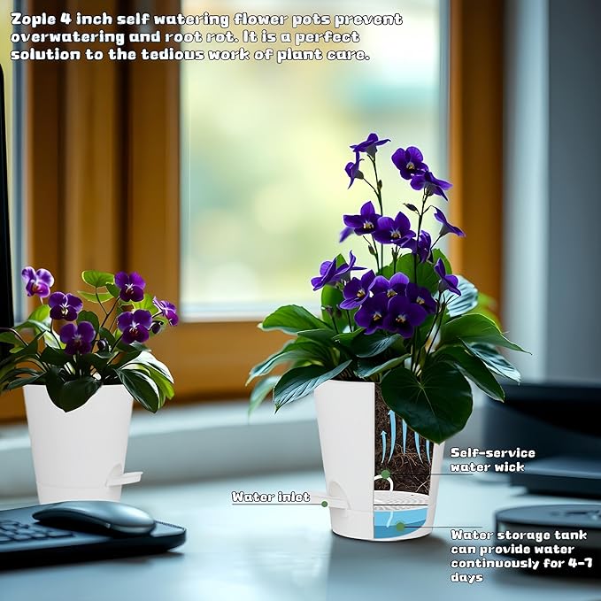 12 Pack 4 Inch Self Watering Plant Pots with Drainage and Saucers,Plastic Flower Pots for Indoor and Outdoor Plants, Nursery Planters for Houseplants and Herbs White, 4 inch 12pcs