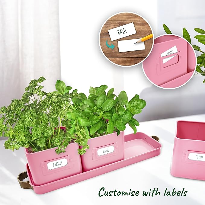 Herb Planter Indoor - Set of 3 Pink Indoor Herb Garden Pots for Plants with Leather Handled Tray - Window Sill Plant Shelf - Herb Pots with Drainage Holes and Labels