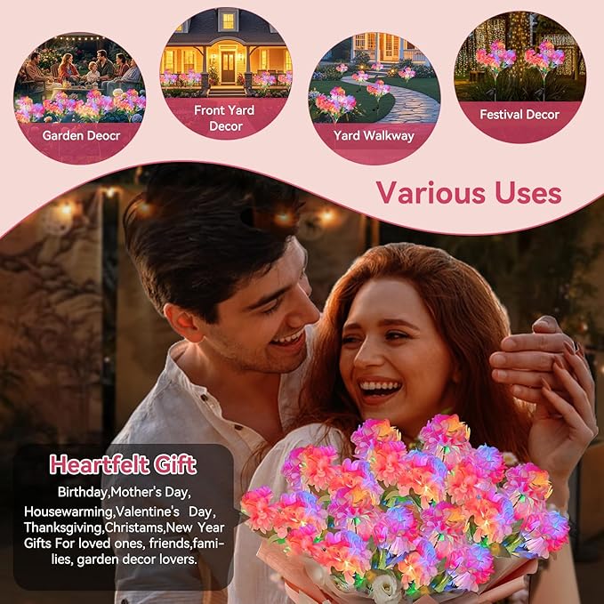 Neporal Solar Flowers Outdoor Waterproof IP65, 4PK 5-Head Hydrangea with 4-Color Light & 2 Lightning Modes, Solar Flower Lights Garden Lights Outdoor Waterproof for Garden, Yard,Pathway