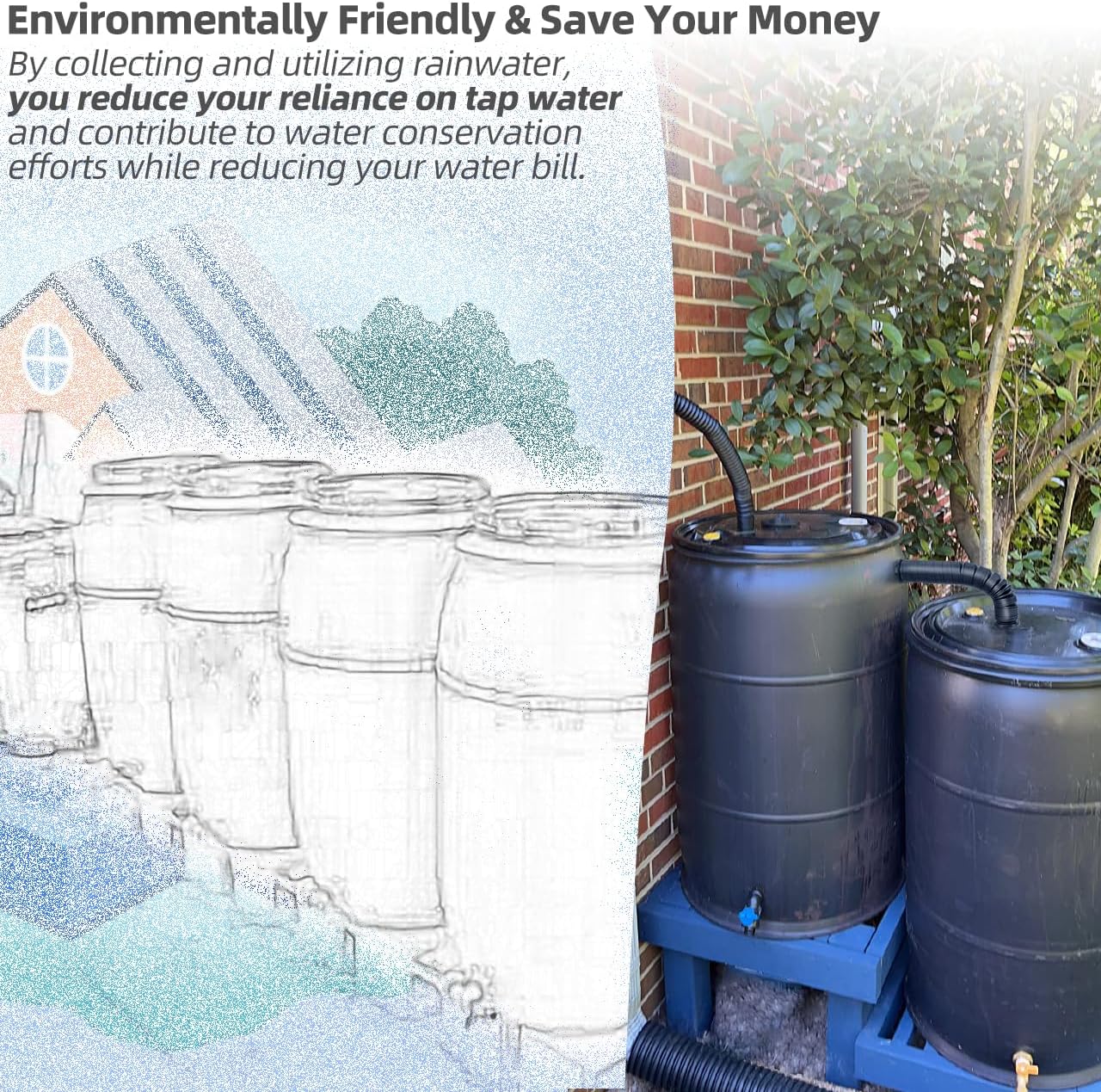 Rain Barrel Diverter Kit for 2x3" Downspout - Rain Water Diverter Connector System Fits Rectangular Downspouts, Converts Plastics Barrel into Rain Barrel