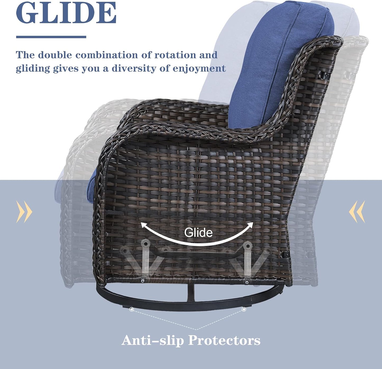 Outdoor Sectional Furniture Sofa Set with 50000BTU Propane Fire Pit Table, Wicker Patio Conversation Set with 2 Swivel Rocker Glider Chairs Blue Cushion Perfect for Backyard Casual Gathering