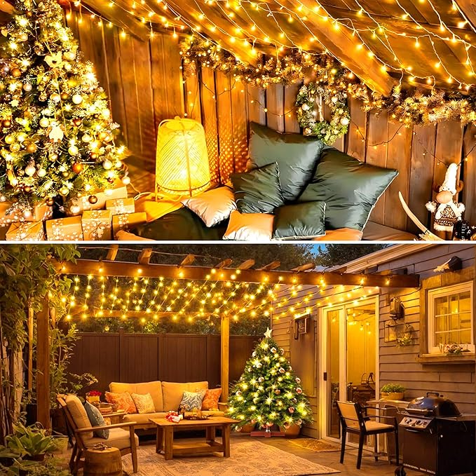 KNONEW Christmas String Lights Indoor Plug in,60FT 180LED Outdoor Waterproof Fairy Lights,8 Lighting Modes,Timer Memory Function for Bedroom Patio Balcony Party (Warm White)