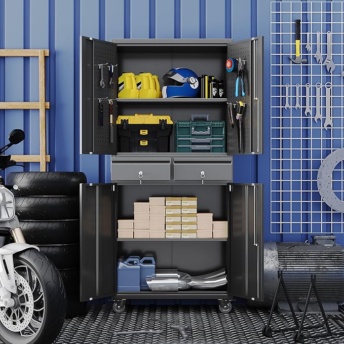 Metal Garage Storage Cabinet with Locking Doors and 2 Adjustable Shelves, Rolling Tool Storage Cabinet with 4 Wheels and 2 Drawer for Garage, Warehouse, Black, Assembly Required