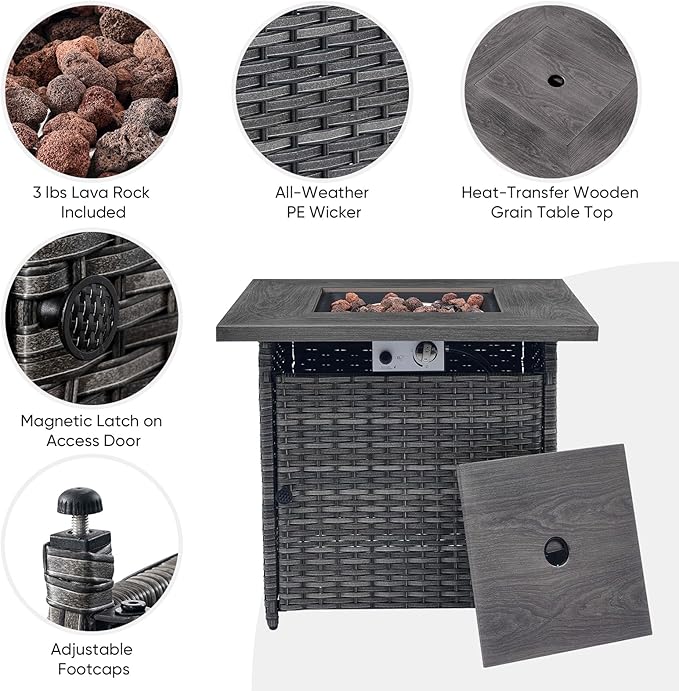 Outdoor Patio Furniture Set with 50000BTU Propane Fire Pit Table, 4 Pieces Wicker Patio Conversation Set with 2 Swivel Rocker Glider Chairs Rattan Sofa Grey Cushion Perfect for Gathering