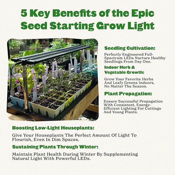 Epic Gardening Seed Starting Grow Light - Full-Spectrum LED with Adjustable Height & Integrated Tray for Indoor Seedlings | Energy-Efficient, Long-Lasting Light with Timer (Standard)