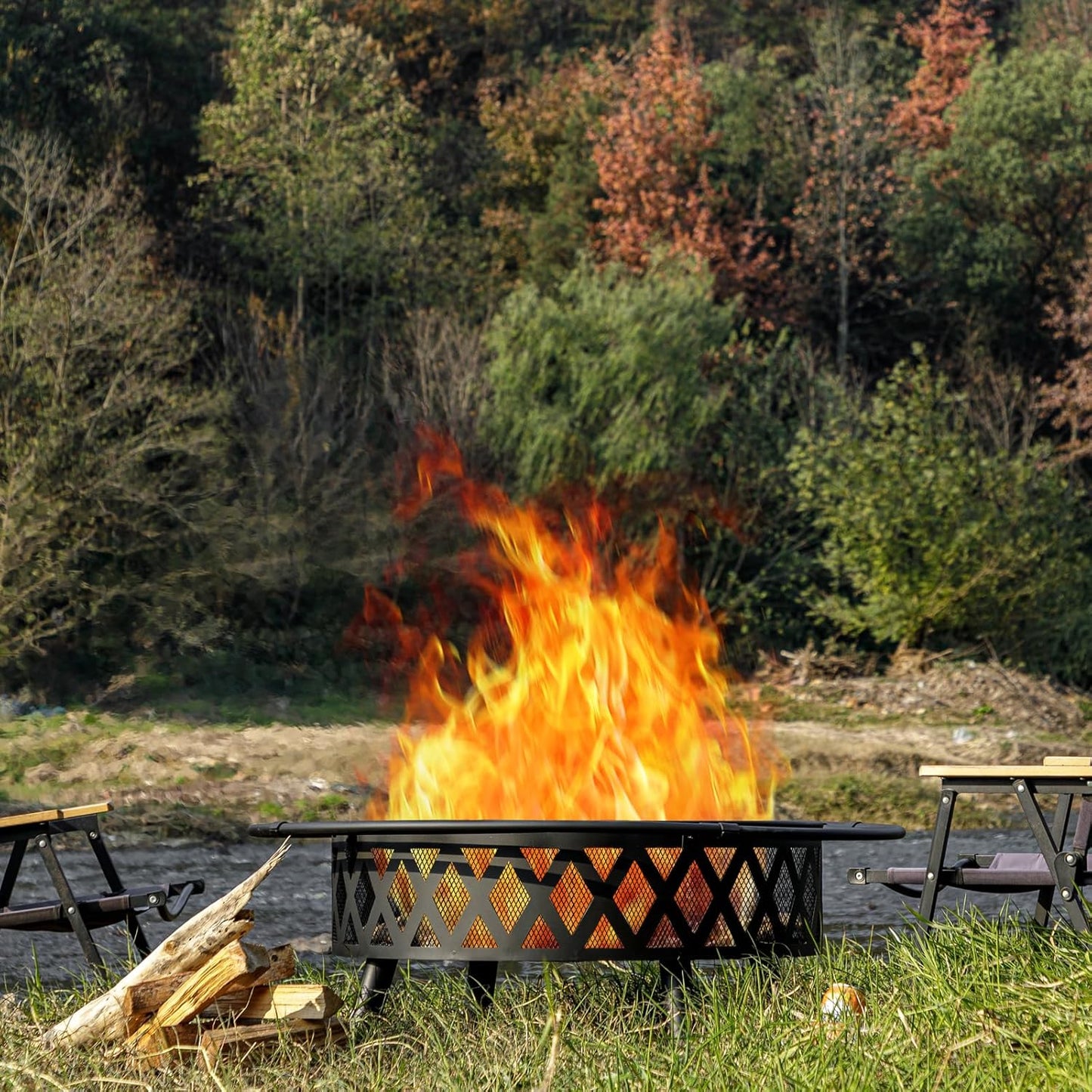 42 Inch Wood Burning Fire Pit with 2 Loops, Outdoor Fire Pit with Spark Screen & Fire Poker, Cross Weave Firepit for Outside Fireplace Bonfire for Yard,Patio, Garden