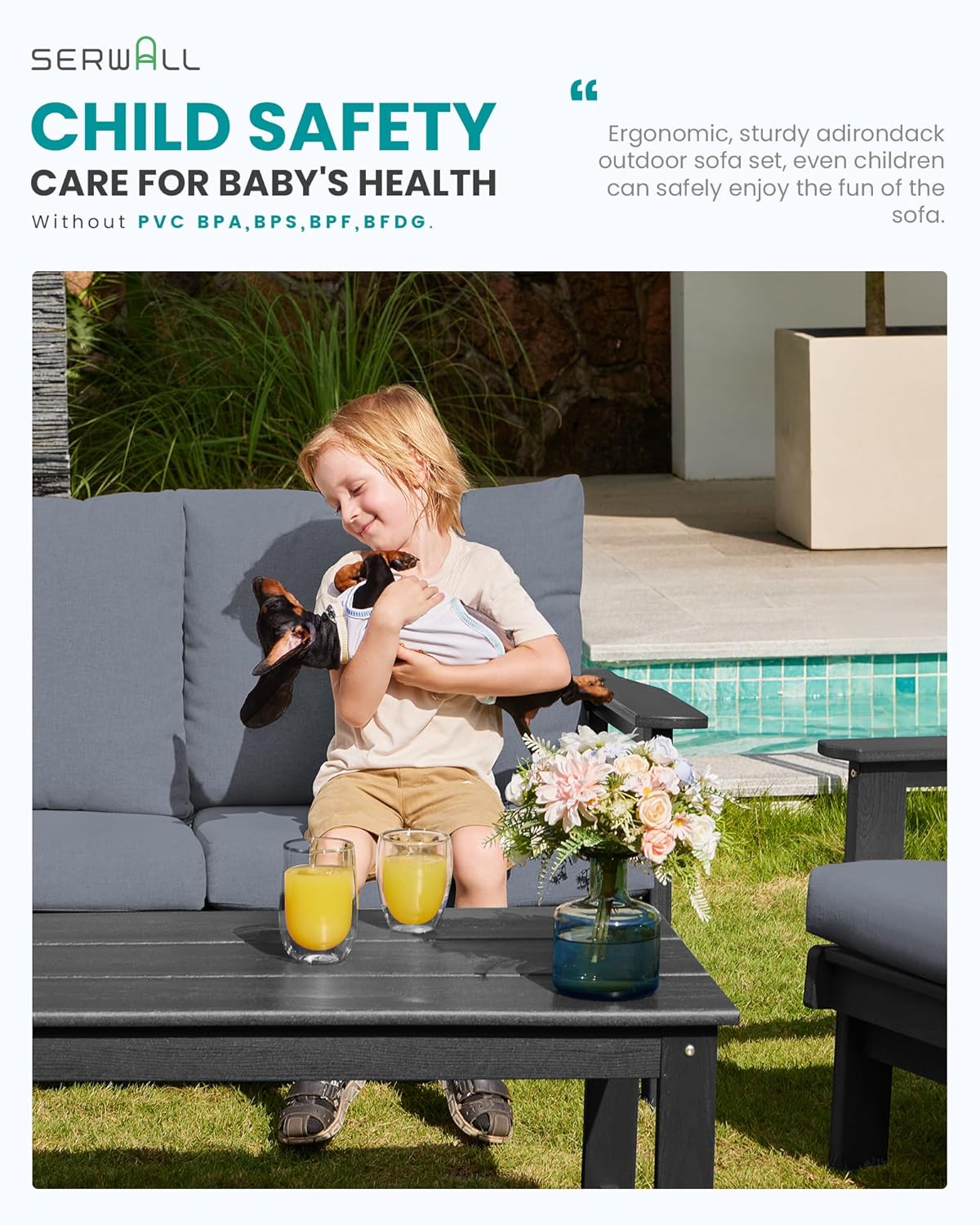 SERWALL HDPE Outdoor Couch, Grey Frame and Grey Cushion