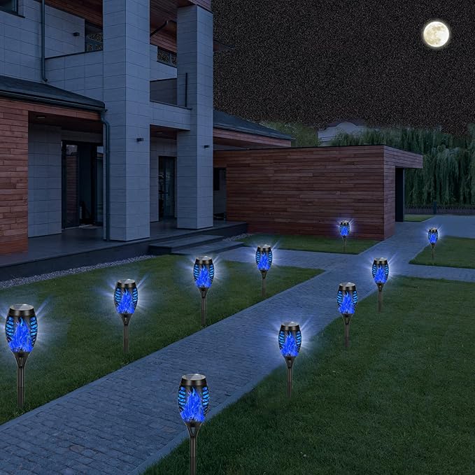12 Pack Solar Torch Lights Outdoor Waterproof - Blue Flickering Flame, Outdoor Solar Garden Lights for Yard, Tiki Torches for Outside Patio Pathway Decorations