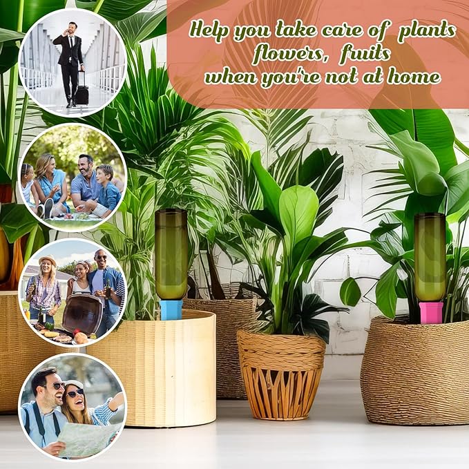 12 Pack Plant Watering Devices Include 6 Terracotta Self Watering Spikes and 6 Pcs 26 oz Plastic Bottles, Slow Release Vacation Insert Automatic Plant Waterer Device (Mixed Colors)