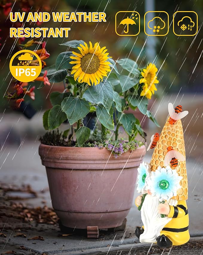 iStatue Garden Gnomes Outdoor Clearance with Solar Bee Lights - 9.5'' Resin Figurine Honeycomb Sunflower Spring Summer Decoration for Home Garden Decor Lawn Ornaments (Mr Bee Gnome)