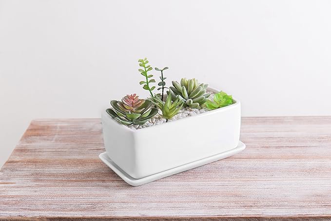 MyGift 14 Inch Modern Unglazed White Ceramic Indoor Plant Pot with Drainage Hole, Rectangular Succulent Planter Window Box with Removable Saucer, White (10 inch - 1 Pack)