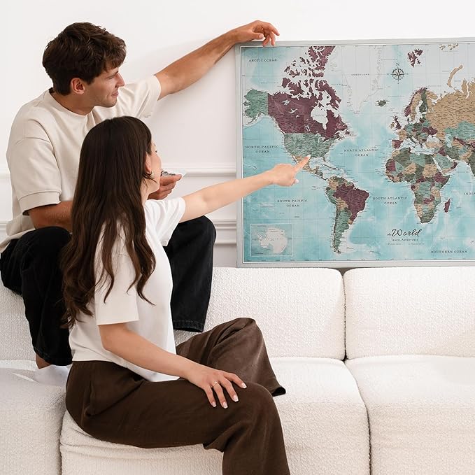 Canvas World Map with Cork Pin Board - English Lettering - Decorative Wall Decoration for All Rooms - Canvas Pictures with World Map Motif (150x100 cm, Pattern 11)