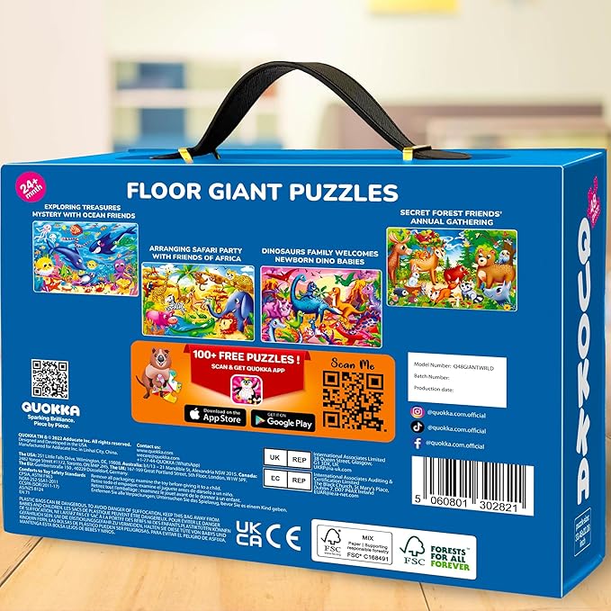 QUOKKA Giant Floor Puzzle for Kids Ages 4-6 – 2x3 Feet Extra-Thick 48 Pieces Toddler Puzzle Ages 3-5 – World Map Educational Activity for Boys Girls – Premium Box with Sturdy Handle & Magnetic Closure