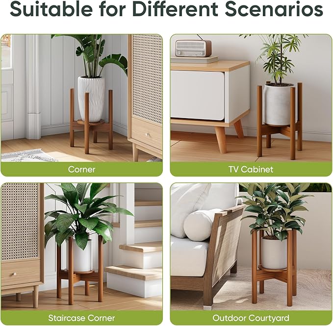 2 Pack Adjustable Plant Stand, Bamboo Plant Stand Indoor with Tray, Wood Plant Stand for 8 to 12 inches Flower Pots, Single Mid Century Modern Plant Stand for Indoor Plants, Walnut