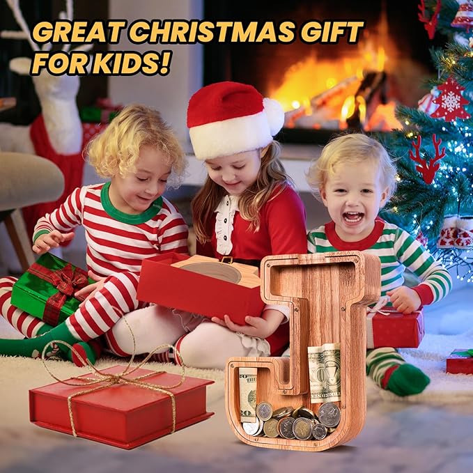 KMC Wooden Letter Piggy Bank, Personalized Initial Piggy Bank for Kids Boys, Clear Alphabet J Wood Money Box, Unbreakable Coin Saving Jar, Birthday, for Children